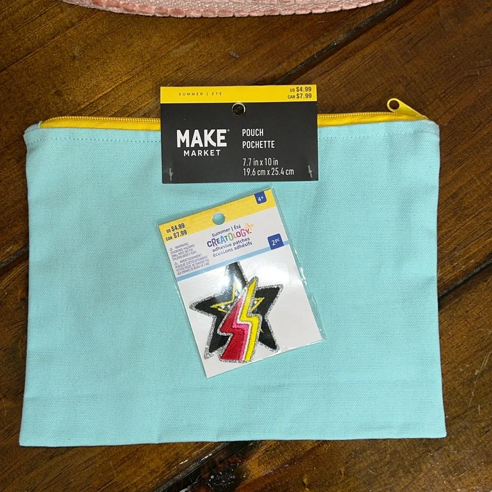 NWT Blue Cotton‎ Pencil Pouch and Iron On Patches- OS